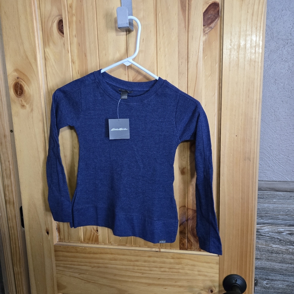 NWT Eddie Bauer Myriad Thermal Ls Crew Bright  Navy Girls Size  Small  7/8